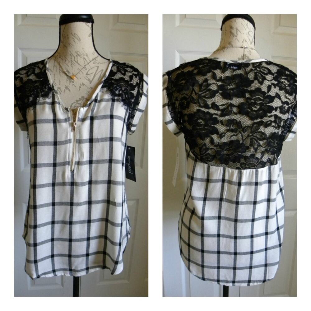 Tempted White Plaid Top Women size Small Black Lace in the back Short Sleeve NWT